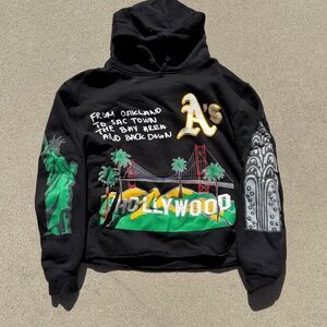 Black Graphic Hoodie with Colorful Cityscape